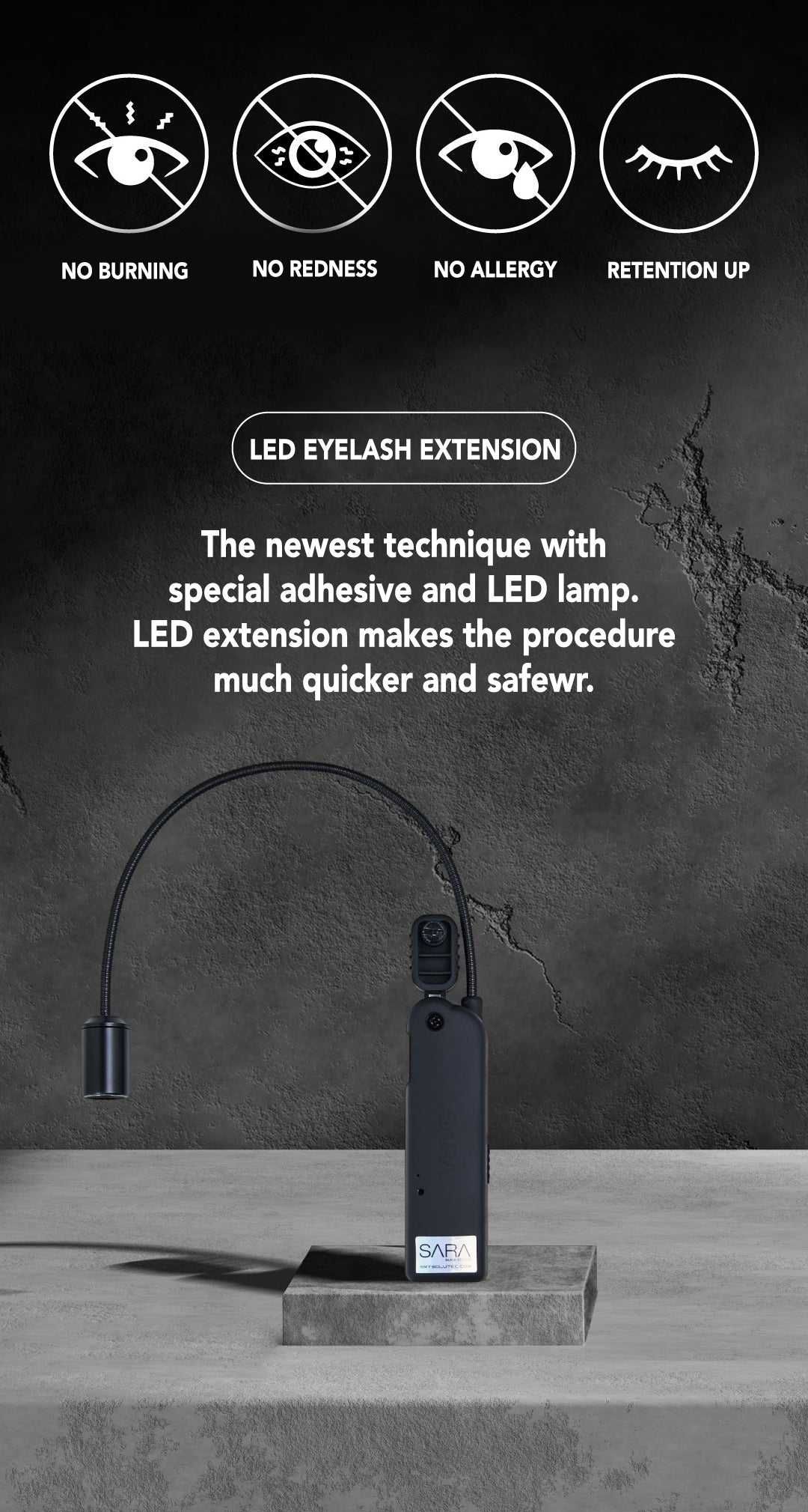 Cordless LED lash extension lamp, SARA Black Edition, shown with clip-on tweezer attachment and foot switch