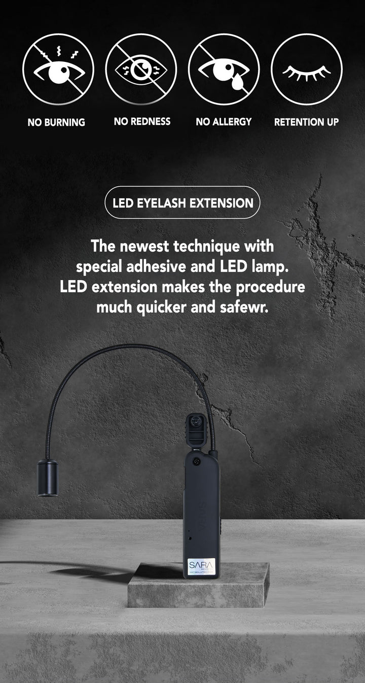 Cordless LED lash extension lamp, SARA Black Edition, shown with clip-on tweezer attachment and foot switch