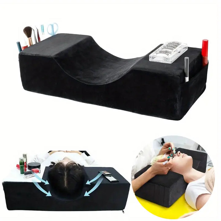 U-shaped memory foam lash extension pillow with velvet cover and side tool pockets