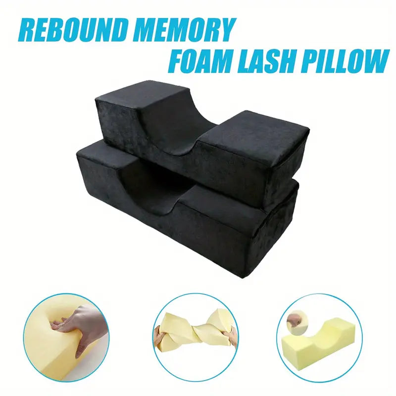 U-shaped memory foam lash extension pillow with velvet cover and side tool pockets