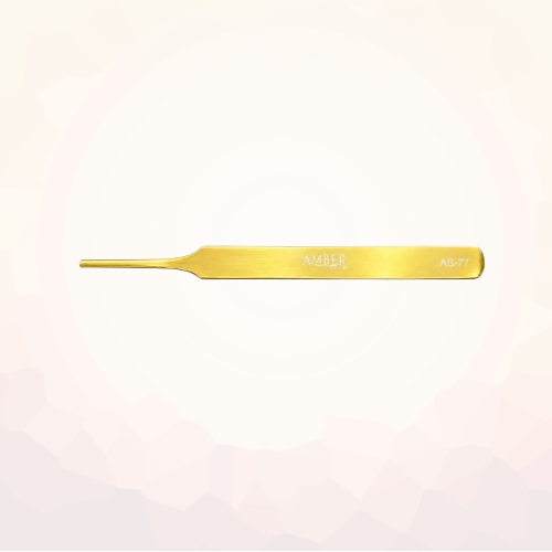 Gold Amber Lash AB-77 blunt tip lash styling tweezers on a light background.
