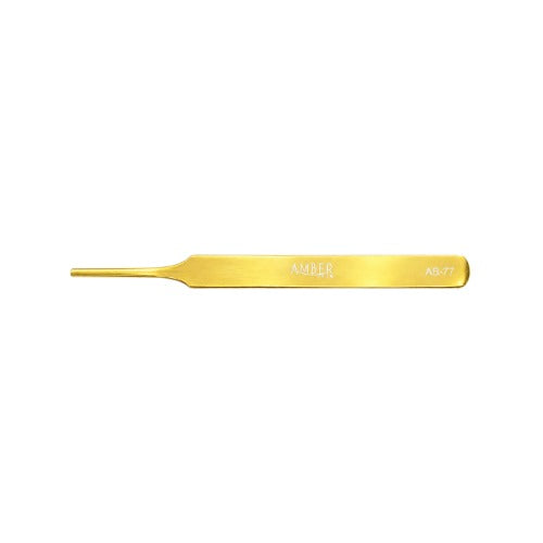 Gold Amber Lash AB-77 blunt tip lash styling tweezers on a light background.