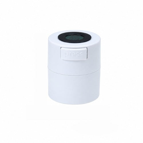White lash glue storage container with a digital display on the lid and a PRESS opening button, shown closed.