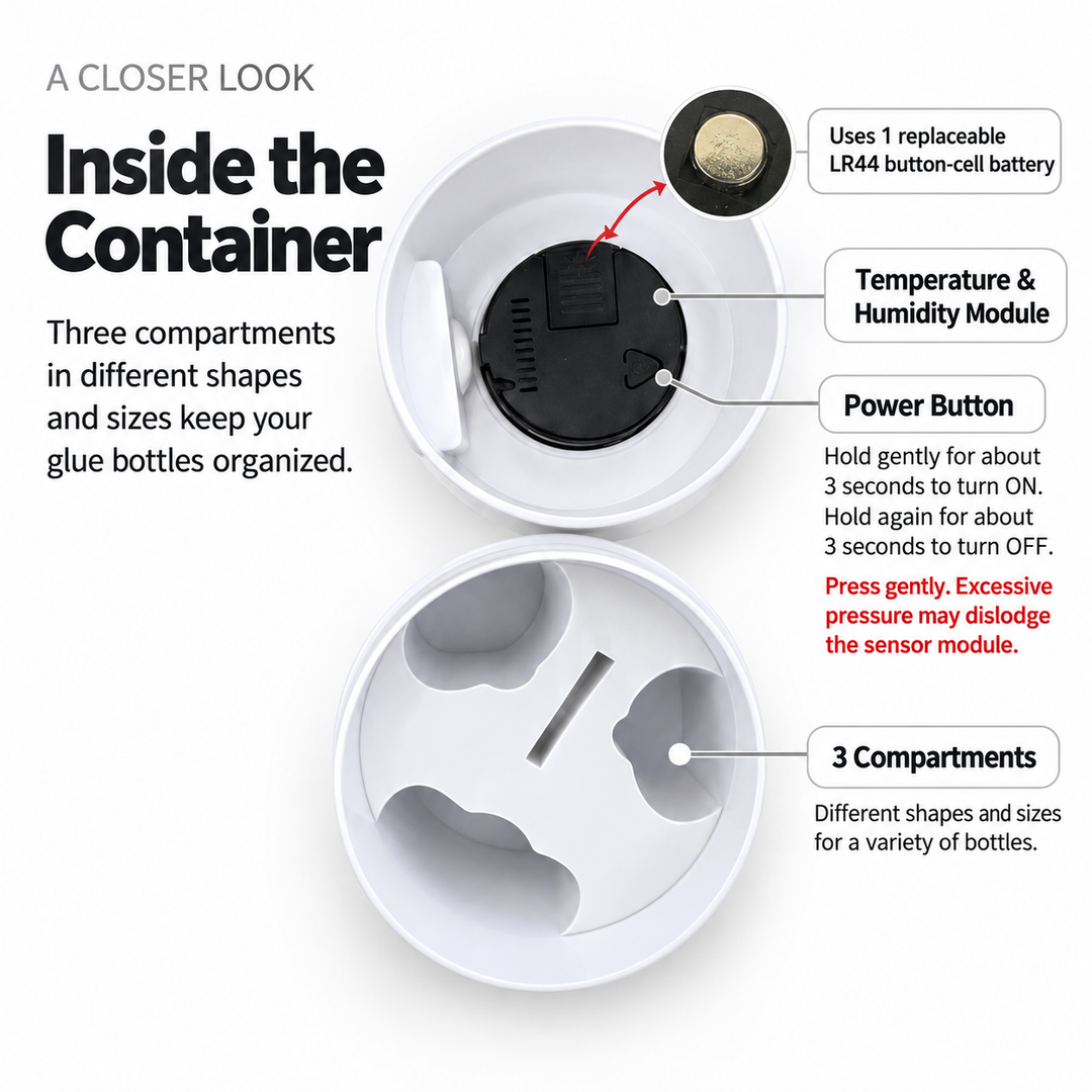 Lash glue container interior showing the display module, LR44 battery, power button, and three storage compartments.