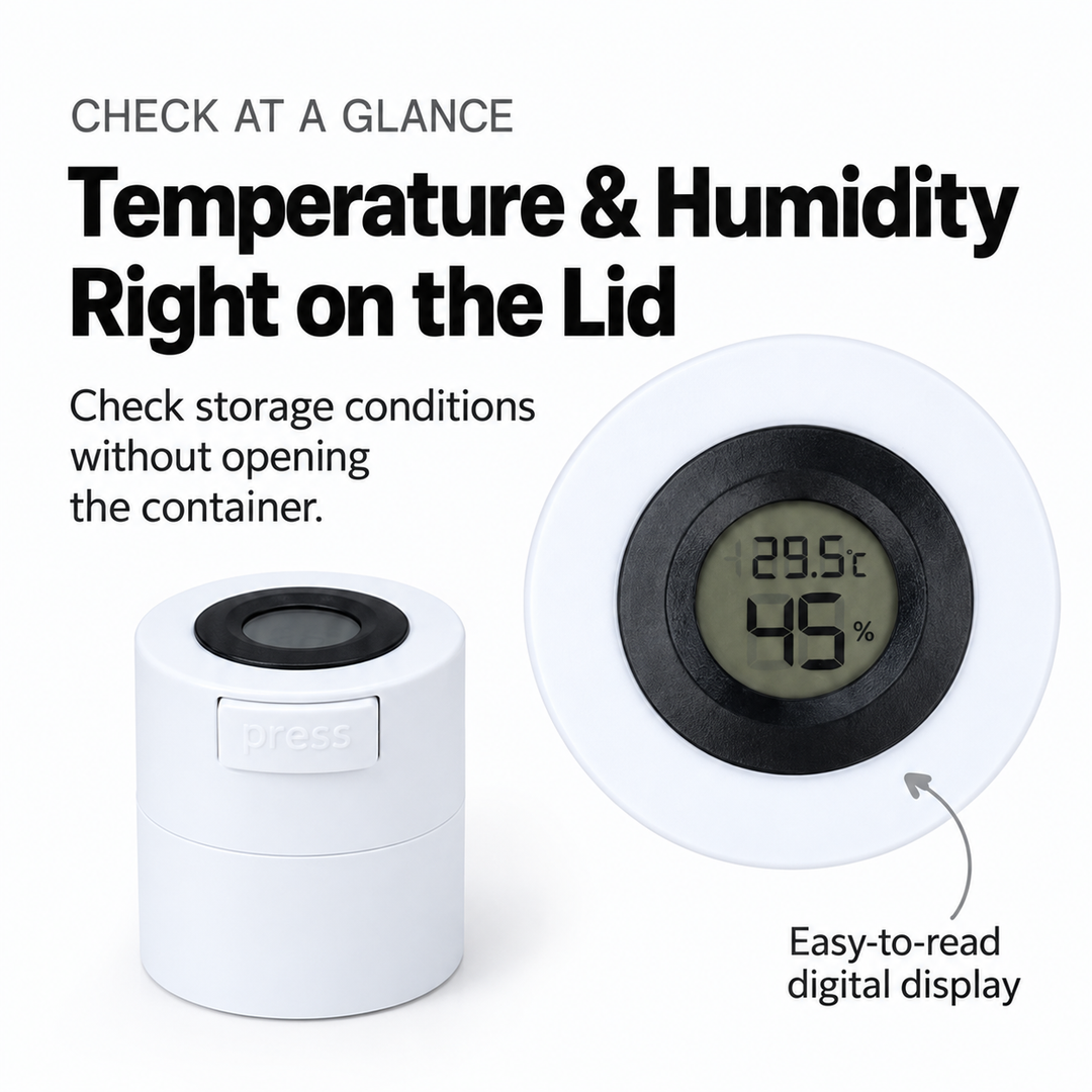 White lash glue storage container with a close-up of the lid display showing 29.5°C and 45% humidity.