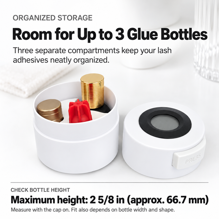Open white lash glue container holding three bottles, with lid beside it and a maximum bottle height of 2 5/8 inches.