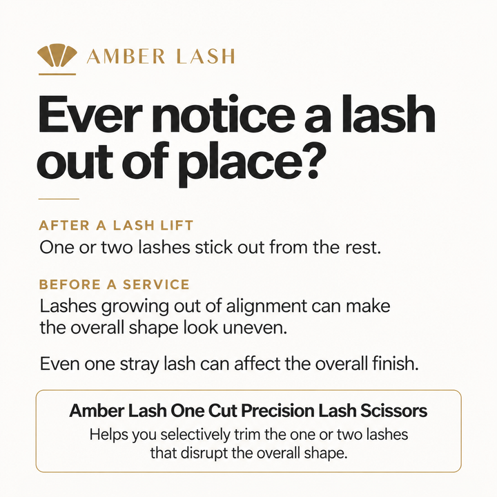 Safety and care instructions for Amber Lash One Cut scissors, including a warning about very sharp blades.