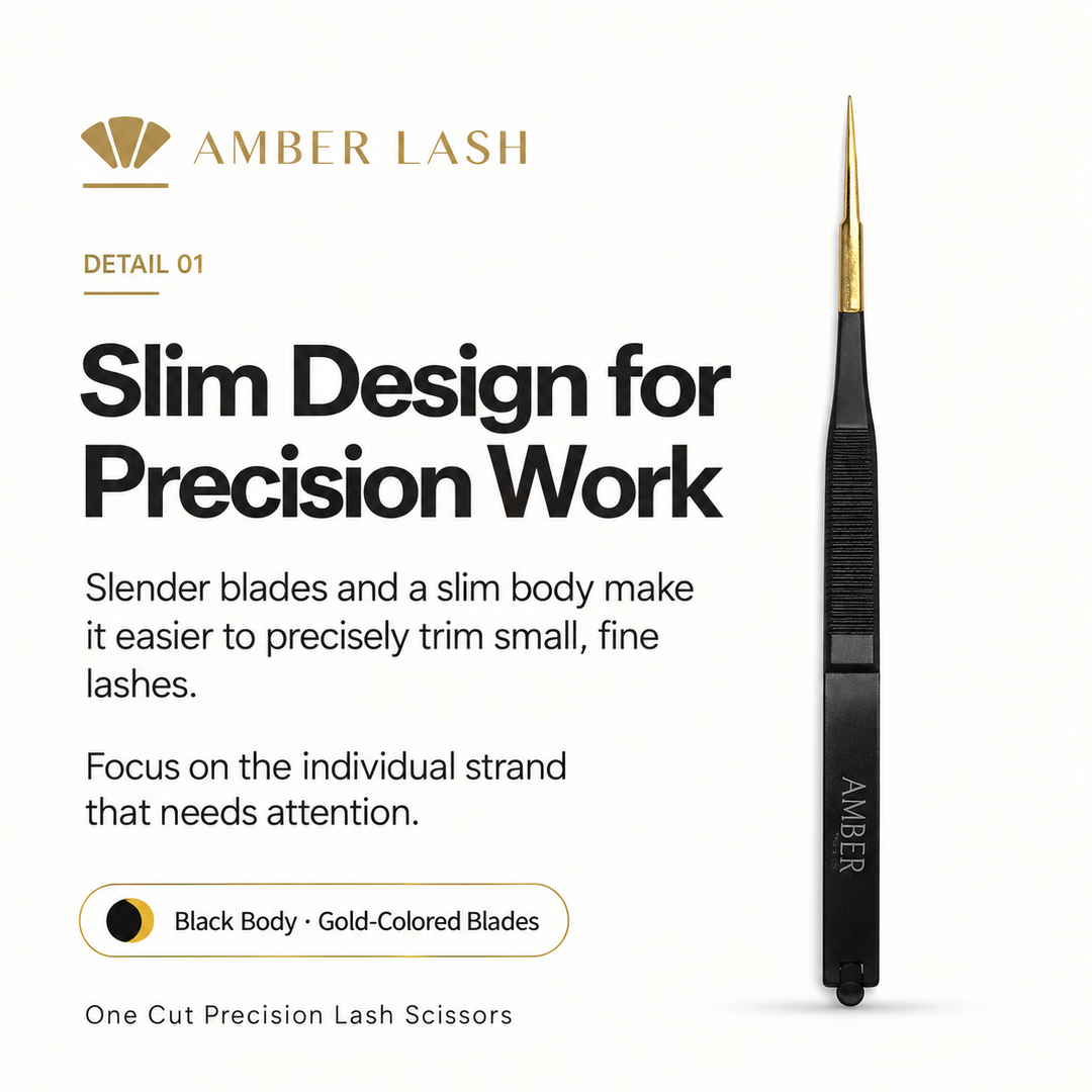 Amber Lash One Cut scissors with a magnified view of the internal stopper that helps maintain handle spacing.