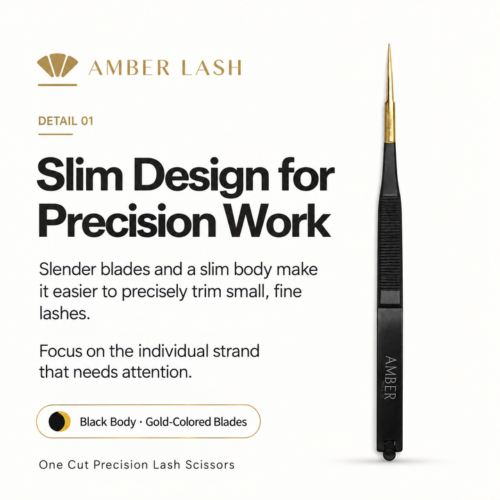 Amber Lash One Cut scissors with a magnified view of the internal stopper that helps maintain handle spacing.