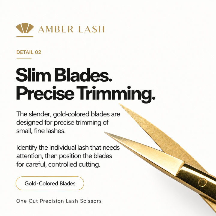 Close-up of the fine grip grooves on the black handle of Amber Lash One Cut scissors.