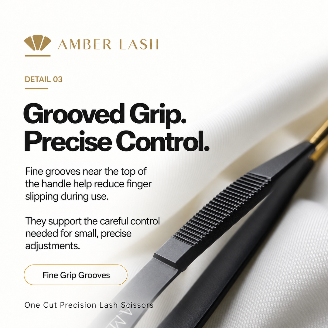 Close-up of the fine, gold-colored blades on Amber Lash One Cut Precision Lash Scissors.