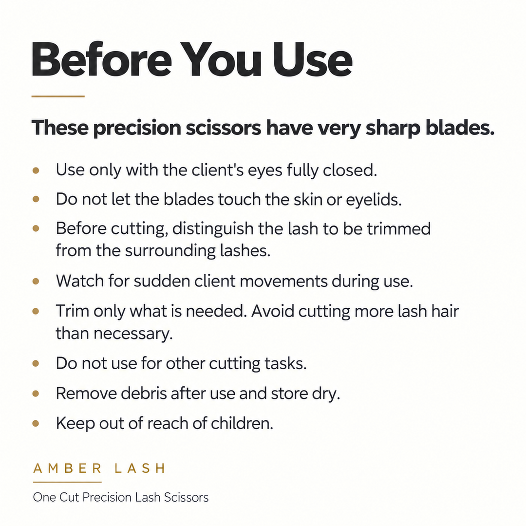 Amber Lash One Cut scissors graphic highlighting selective trimming of stray lashes before and after a lash lift.