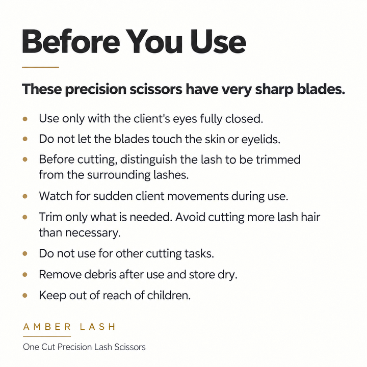 Amber Lash One Cut scissors graphic highlighting selective trimming of stray lashes before and after a lash lift.