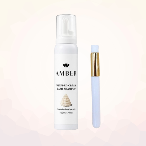 Amber Lash Whipped Cream Lash Shampoo, 100 mL, with included lash cleansing brush.