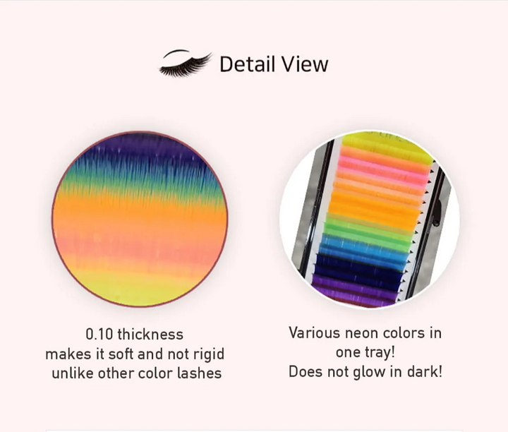 Close-up detail of Amber Lash Color Lash showing multiple neon colors in one tray, made from soft 0.10mm PBT fiber for flexible and natural application. Includes yellow, pink, orange, green, blue, and purple lashes.