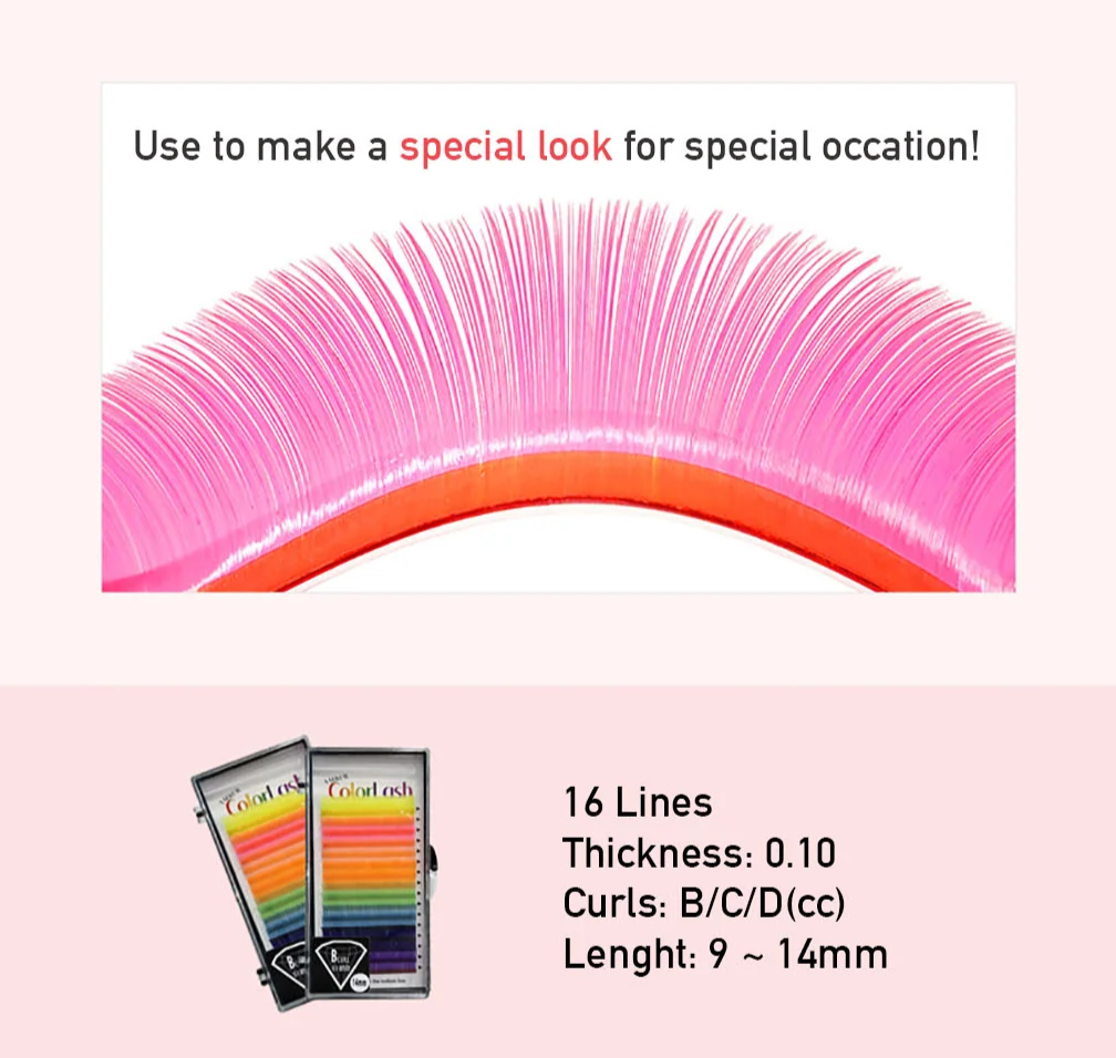 Amber Lash Color Lash – pink curved lash strip example showing how to create a special look for special occasions using soft neon lashes, available in B, C, and D curls (9–14mm).