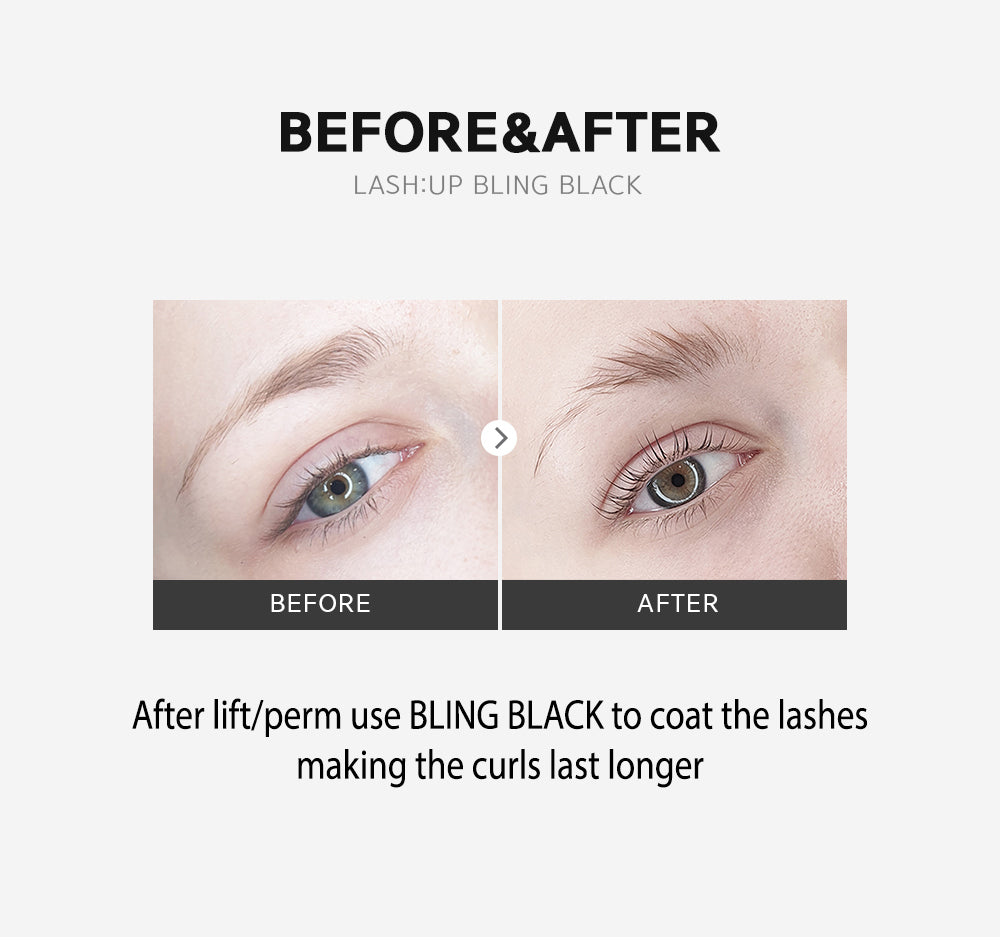 Before and after lash lift coated with Lashup Bling Black