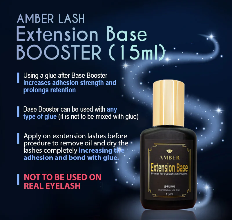 Amber Lash Extension Base Booster bottle with text on a dark background