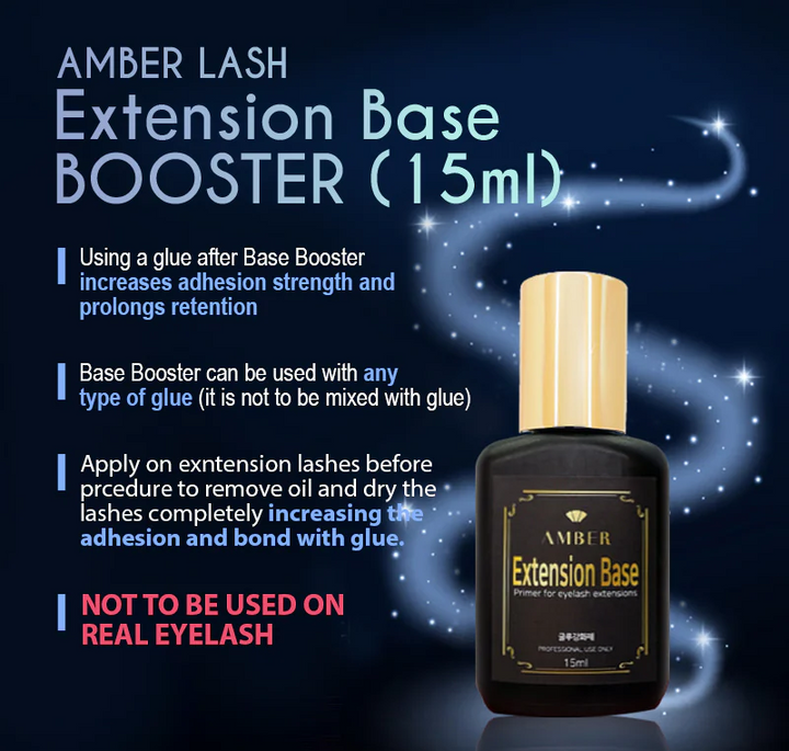 Amber Lash Extension Base Booster bottle with text on a dark background
