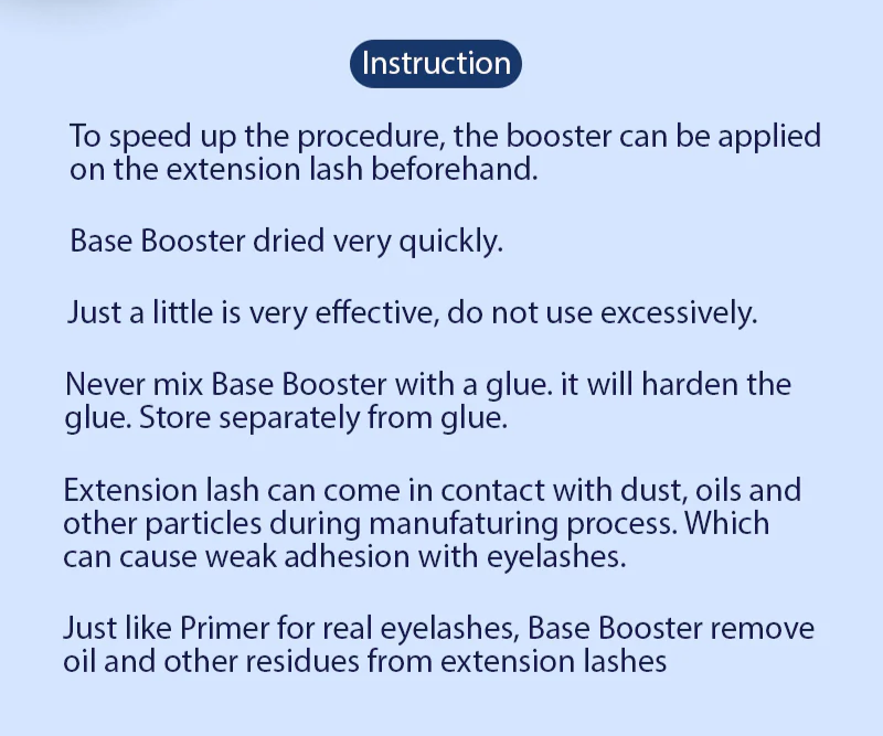 Text instructions for using a base booster for eyelash extensions on a blue background