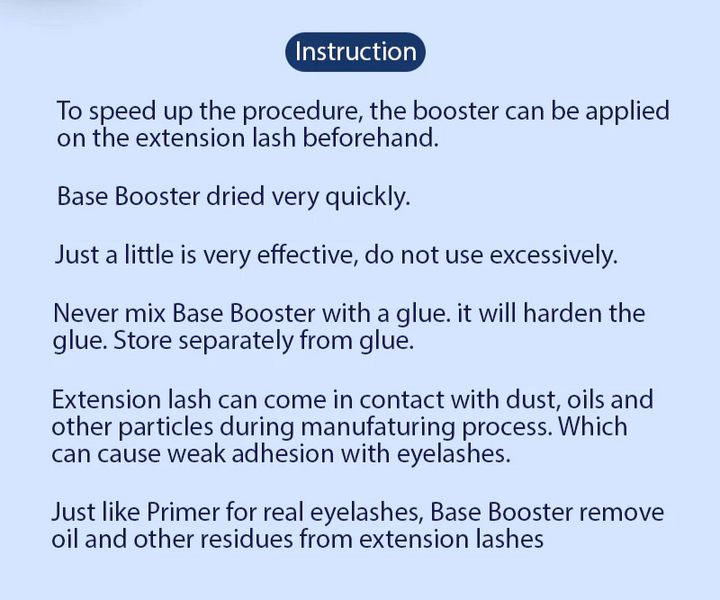 Text instructions for using a base booster for eyelash extensions on a blue background