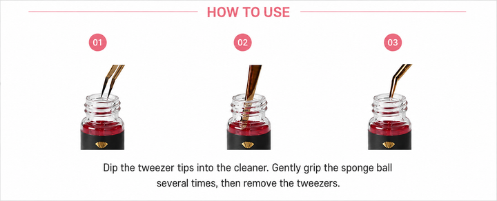 Three-step guide showing tweezer tips dipped into Amber Lash cleaner and gently gripping the sponge ball.
