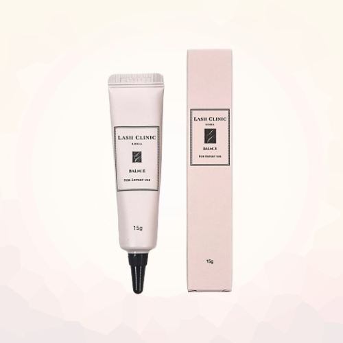 Lash Clinic BALM:E 15 g tube and matching box on a soft pink geometric background.