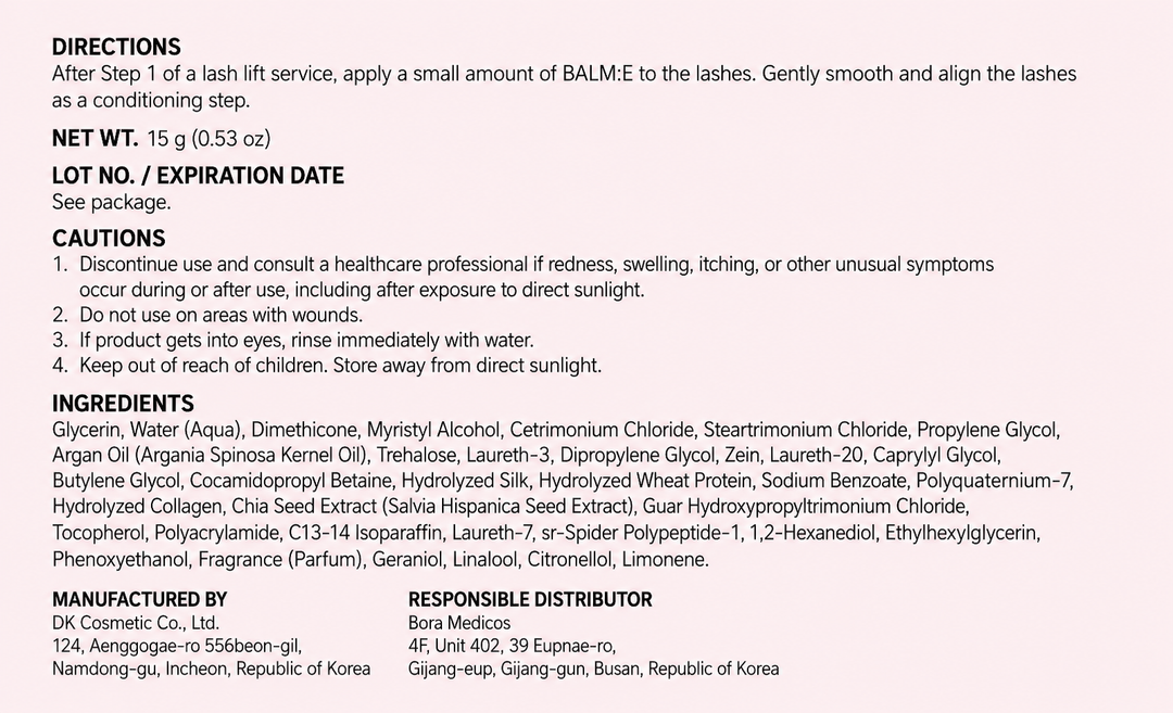 BALM:E directions, 15 g net weight, cautions, ingredients, and manufacturer and distributor details.