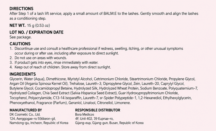 BALM:E directions, 15 g net weight, cautions, ingredients, and manufacturer and distributor details.