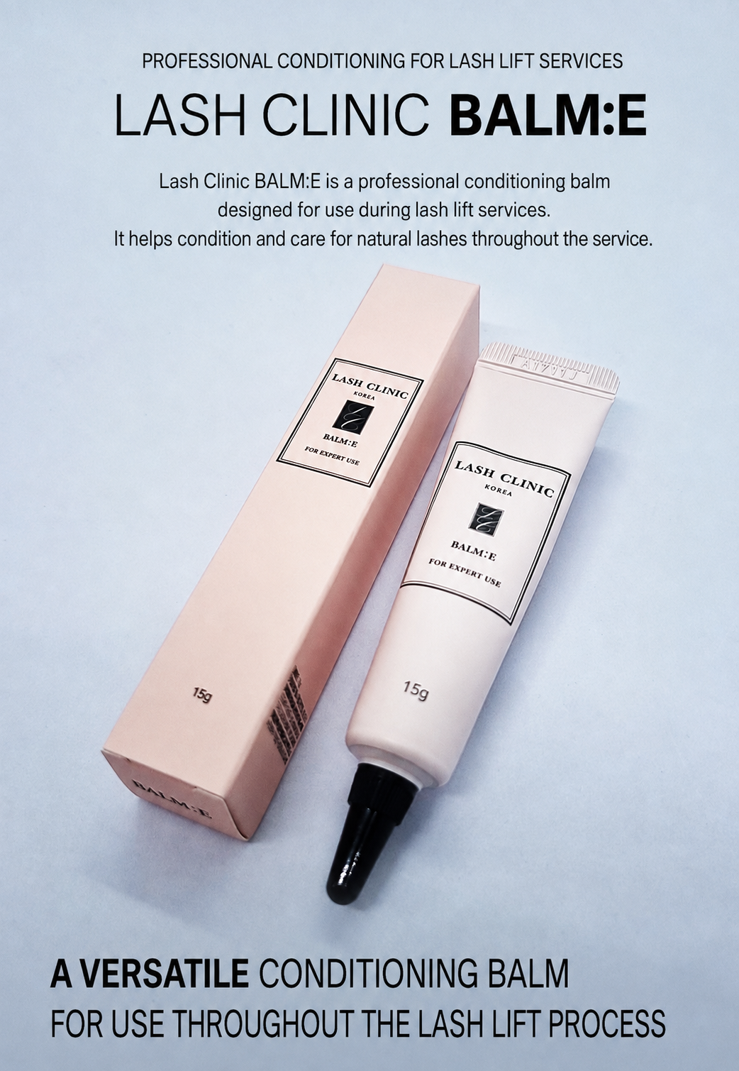 Lash Clinic BALM:E 15 g tube and box with professional conditioning information for lash lift services.