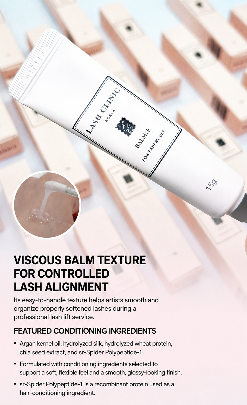 Lash Clinic BALM:E tube with viscous balm texture and featured conditioning ingredients.