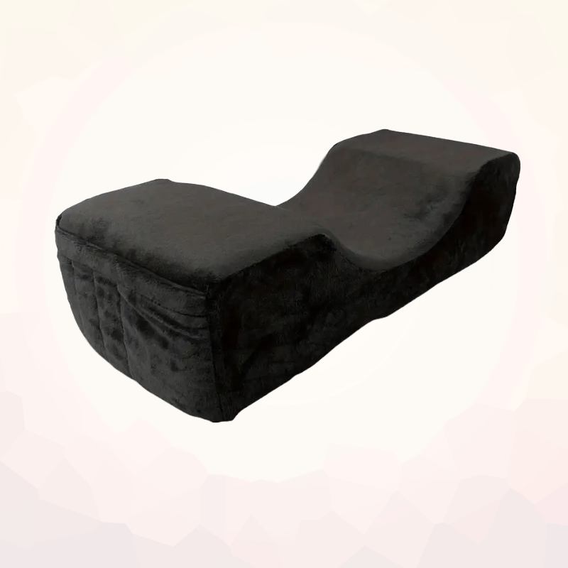 U-shaped memory foam lash extension pillow with velvet cover and side tool pockets