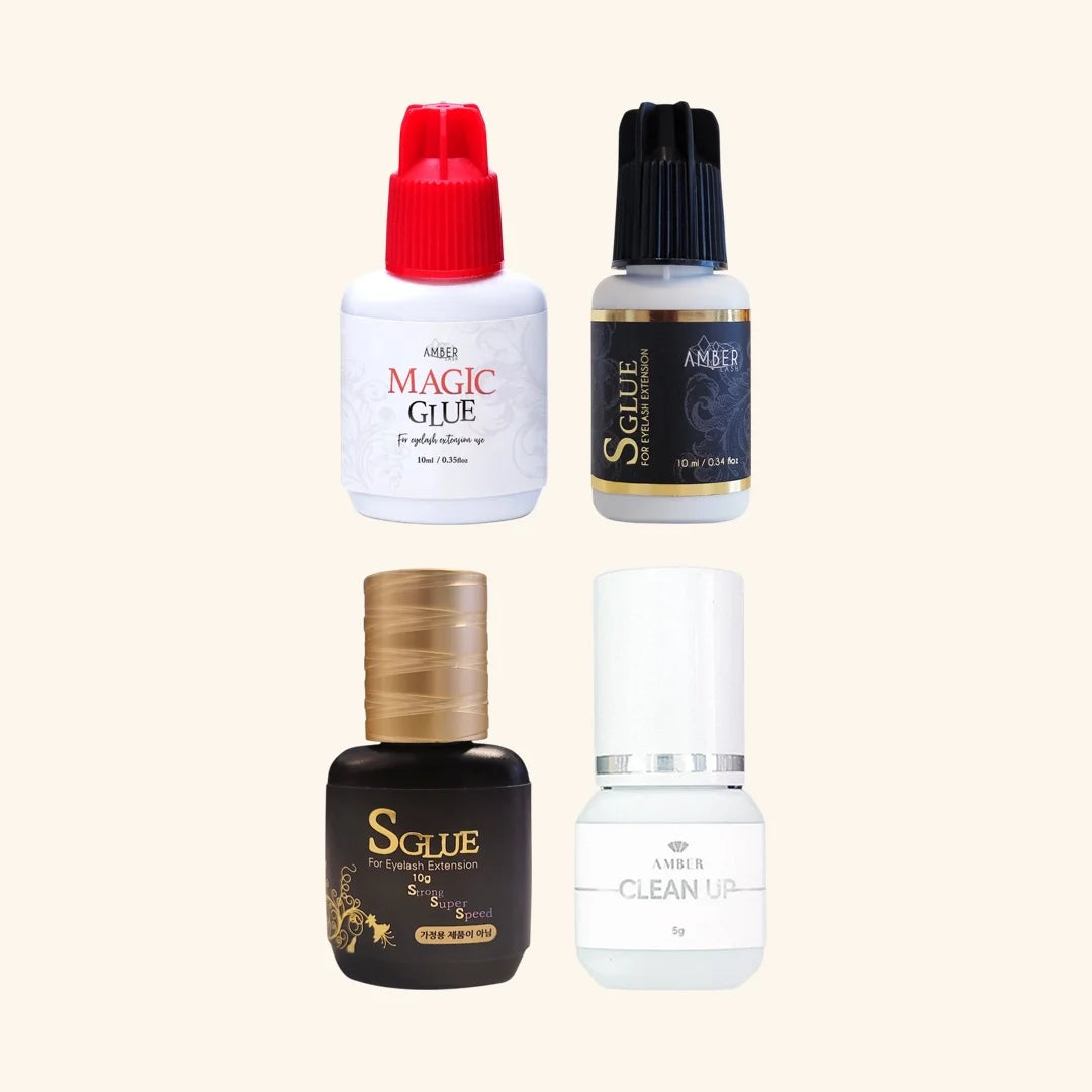 AMBER LASH "FIND THE RIGHT GLUE" BUNDLE: MAGIC GLUE 10ML + SGLUE 10ML + SGLUE PLUS 10ML + SAFE GLUE 5ML - Amber Lash