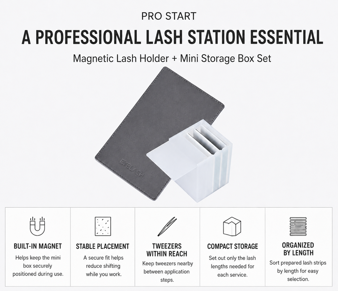 Pro Start magnetic lash holder and mini storage box highlighting magnet placement, tweezer access, and lash organization