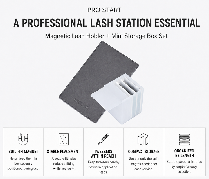 Pro Start magnetic lash holder and mini storage box highlighting magnet placement, tweezer access, and lash organization