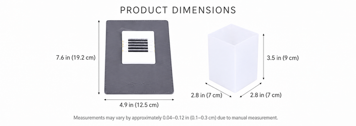 Magnetic lash holder board and mini storage box dimensions shown in inches and centimeters