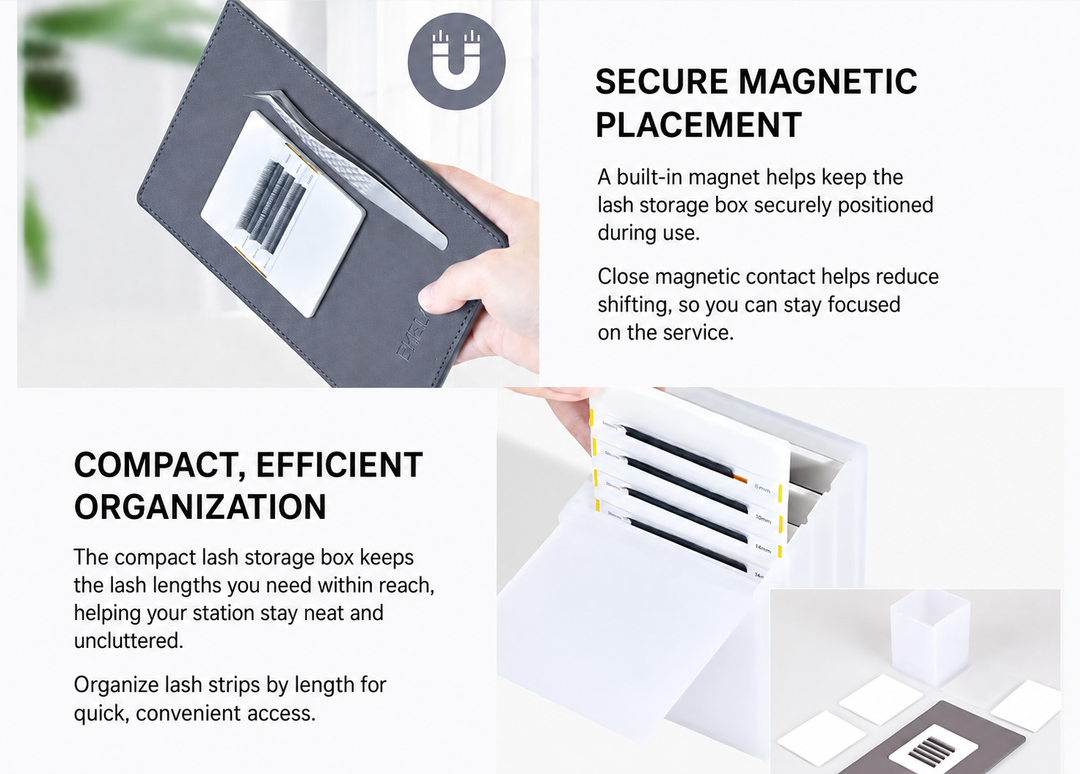 Magnetic lash holder and storage box demonstrating secure placement and organized access to lash strips by length