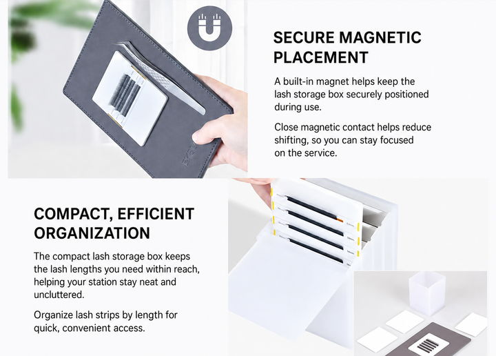 Magnetic lash holder and storage box demonstrating secure placement and organized access to lash strips by length