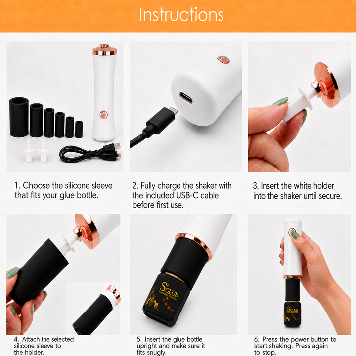 How to use the white USB-C rechargeable eyelash extension glue shaker, from selecting a sleeve to pressing the power button.