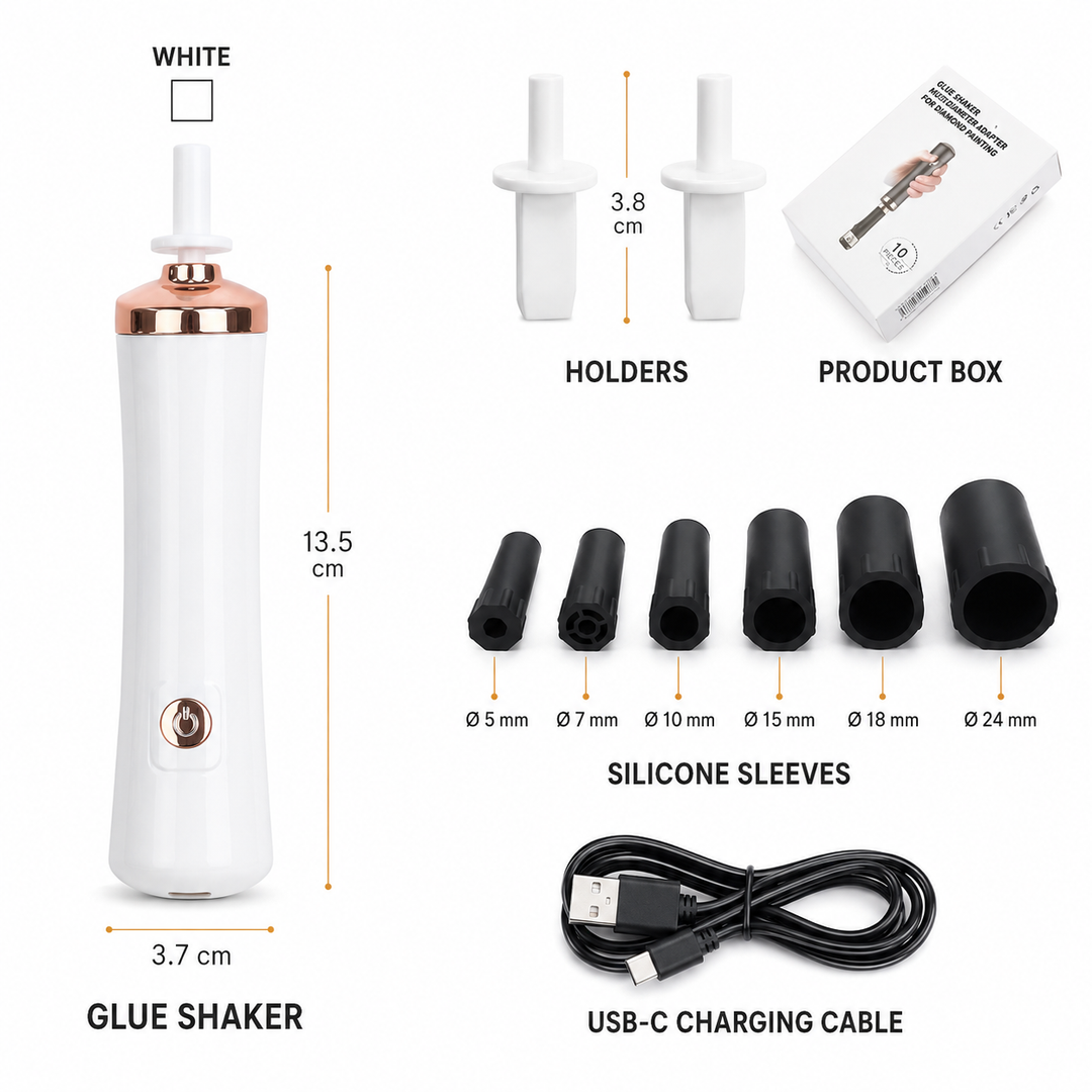 White rechargeable eyelash glue shaker kit with two holders, six silicone sleeves, USB-C cable, product box, and measurements.