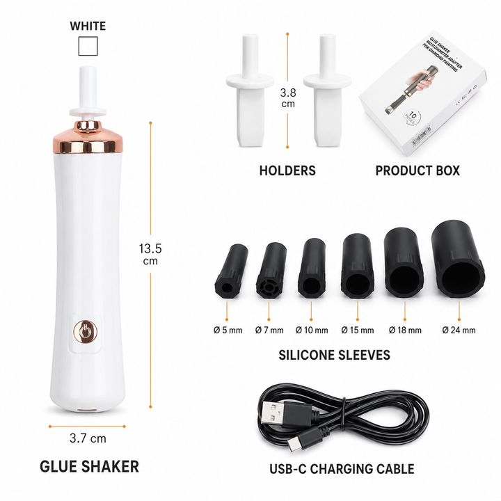 White rechargeable eyelash glue shaker kit with two holders, six silicone sleeves, USB-C cable, product box, and measurements.