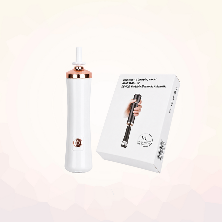 White USB-C rechargeable eyelash extension glue shaker with rose gold accents and product box