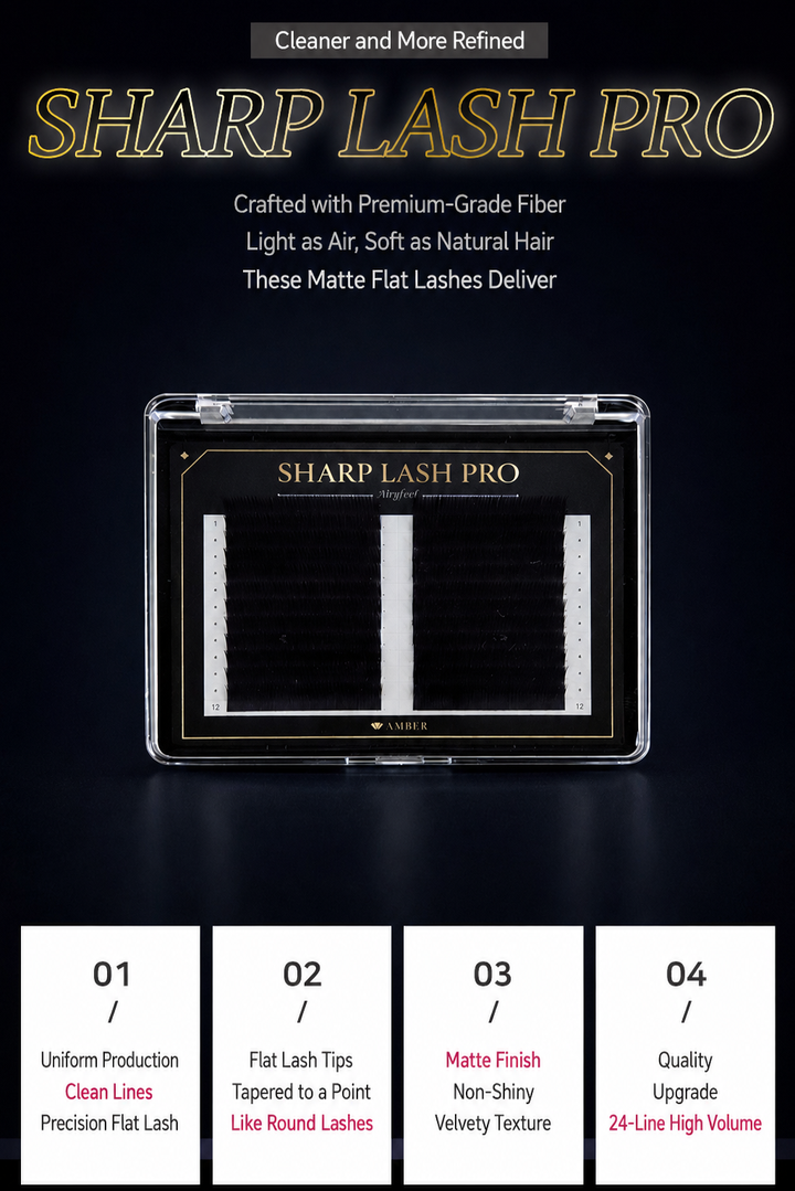 Sharp Lash Pro Airy flat lash extensions tray with premium Korean PBT fibers, lightweight texture, and refined detail