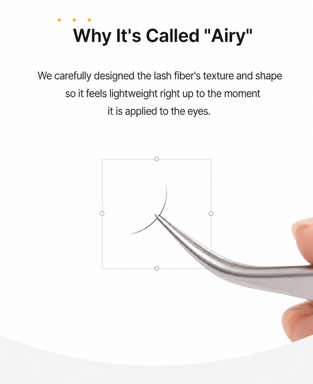 Sharp Lash Pro Airy lash fiber design held with tweezers, showing a lightweight shape for comfortable eyelash extension application