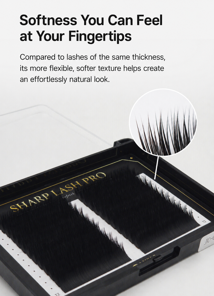 Sharp Lash Pro soft flat lash extensions with flexible fibers and a lightweight texture for a naturally refined lash look