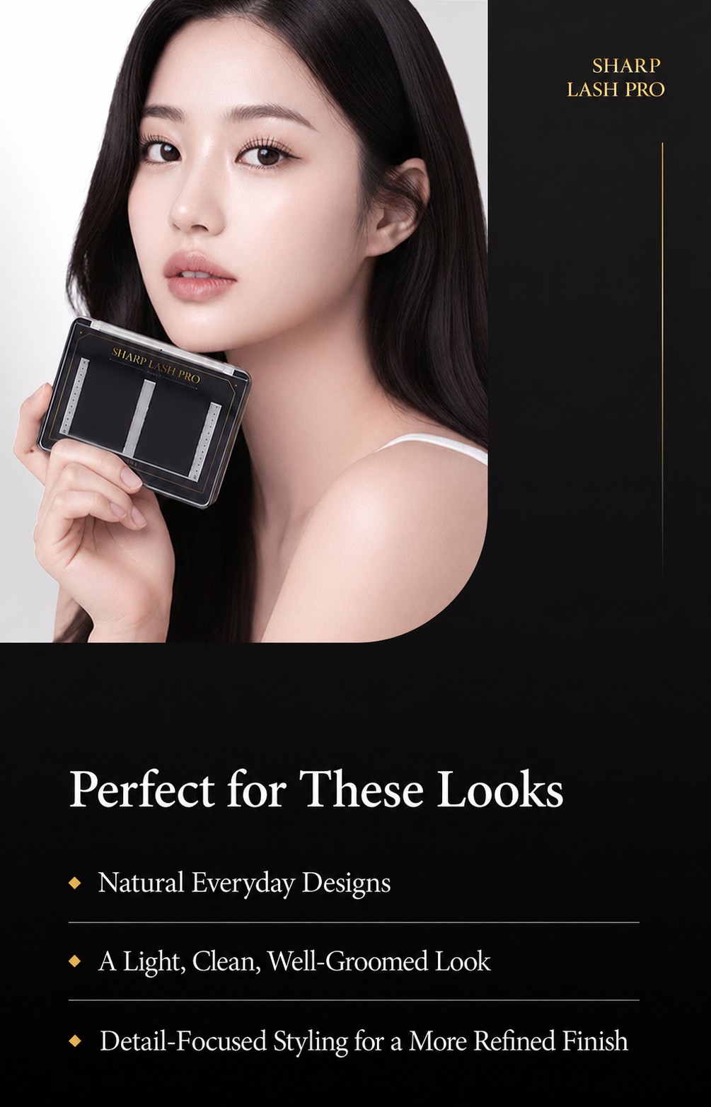 Sharp Lash Pro premium flat lash extensions tray showing clean lines, pointed tips, matte finish, and 24-line high volume