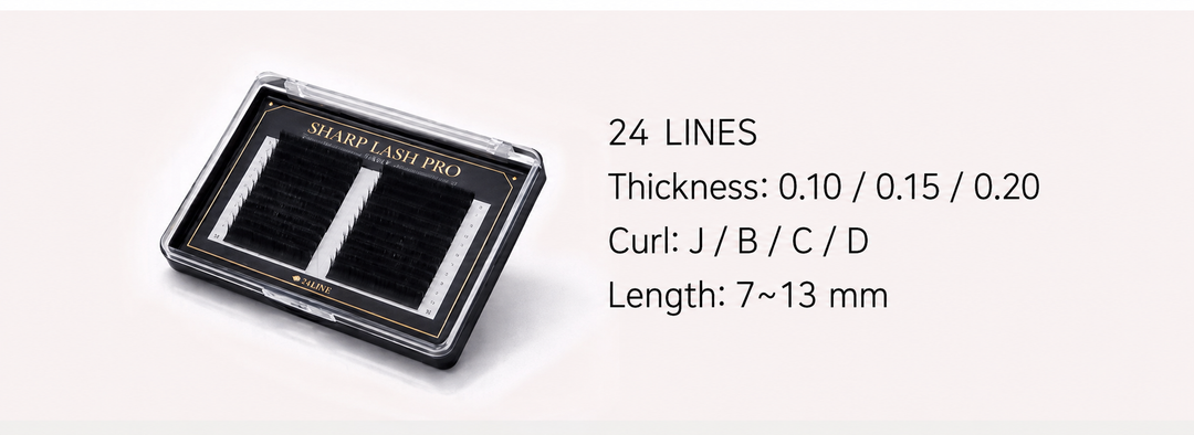 Sharp Lash Pro 24-line eyelash extension tray with 0.10, 0.15, and 0.20 thickness options, J B C D curls, and 7 to 13 mm lengths