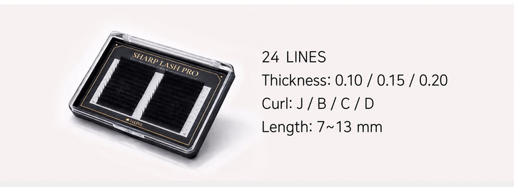 Sharp Lash Pro 24-line eyelash extension tray with 0.10, 0.15, and 0.20 thickness options, J B C D curls, and 7 to 13 mm lengths