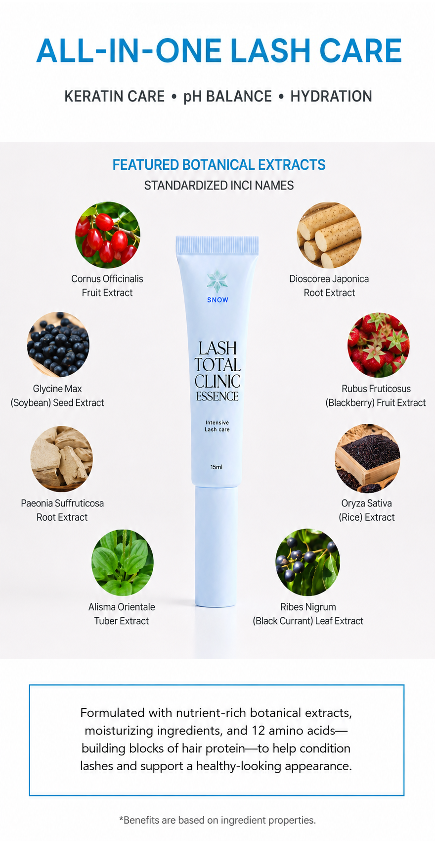 Snow Lash Total Clinic Essence with featured botanical extracts for keratin care, pH balance, and hydration