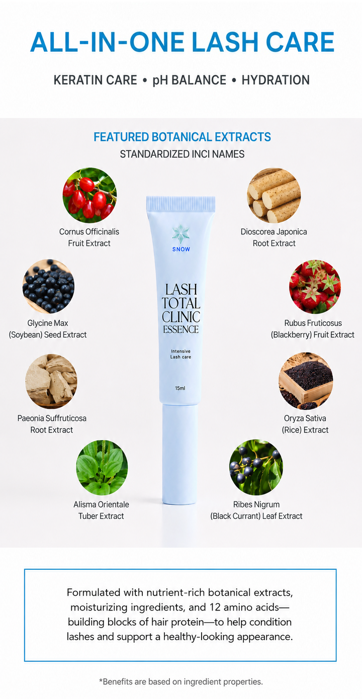 Snow Lash Total Clinic Essence with featured botanical extracts for keratin care, pH balance, and hydration